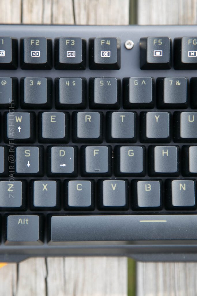 A close-up of a black computer keyboard showing the F1 to F6 keys on the top row and the QWERTY row below, with visible symbols and letters. The edge of a wooden surface is seen beneath the keyboard.