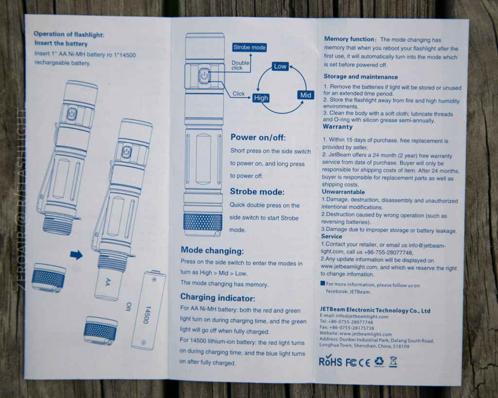 Instruction manual for a flashlight showing labeled diagrams of the flashlight, details on inserting the battery, power and mode instructions, strobe mode, charging, memory function, storage, warranty, and manufacturer information.