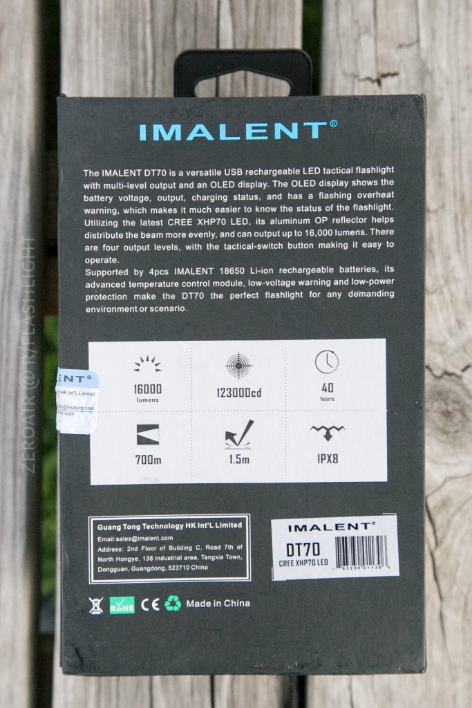 The packaging for the Imalent DT70 flashlight shows product specifications, features, certifications, and manufacturer information. Text mentions 16,000 lumens, 40 hours runtime, IPX8 rating, and the OLED display.