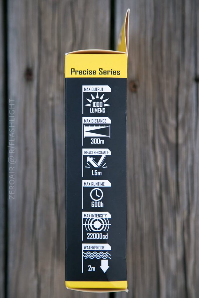 A product box side panel lists the following specs: 1000 lumens max output, 300m max distance, 1.5m impact resistance, 60h max runtime, 22000cd max intensity, and 2m waterproof depth.