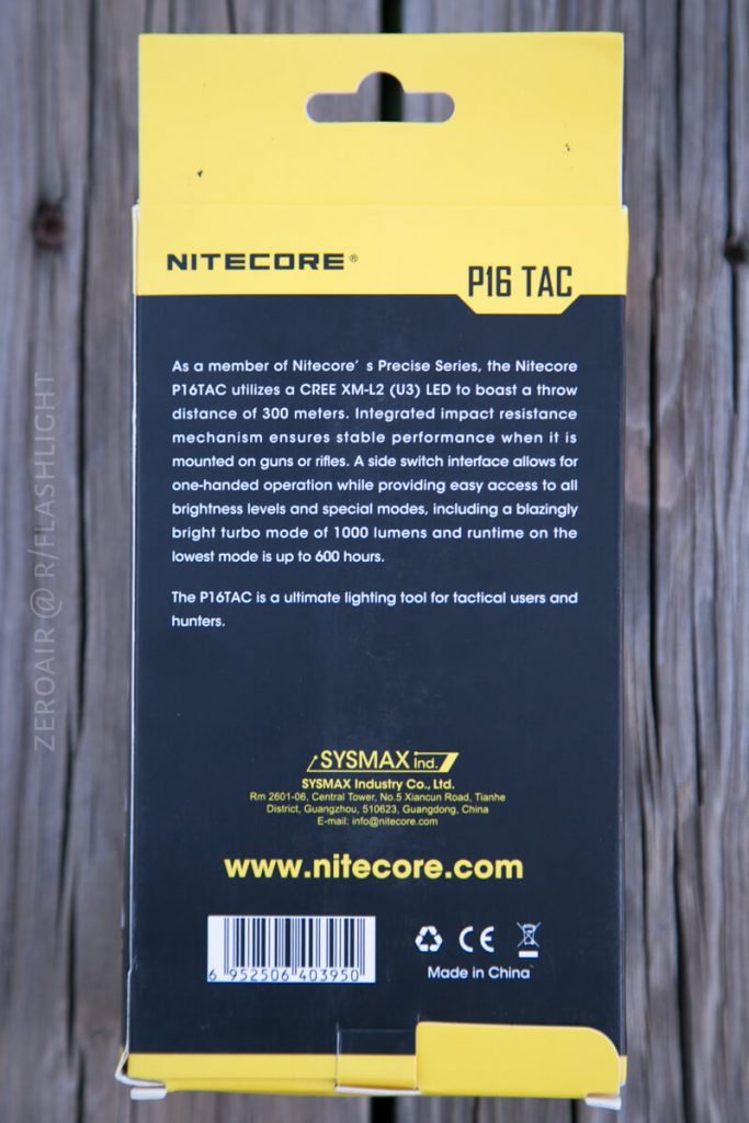 The back of a Nitecore P16 TAC flashlight box, featuring product information about its features, technical specifications, and the manufacturers details, including website, contact info, and Made in China label.