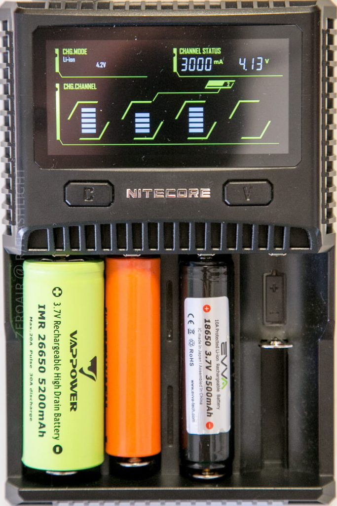 A Nitecore battery charger displays charging status for four batteries of different sizes and brands, with a digital screen showing charging mode, channel status, and voltage information.