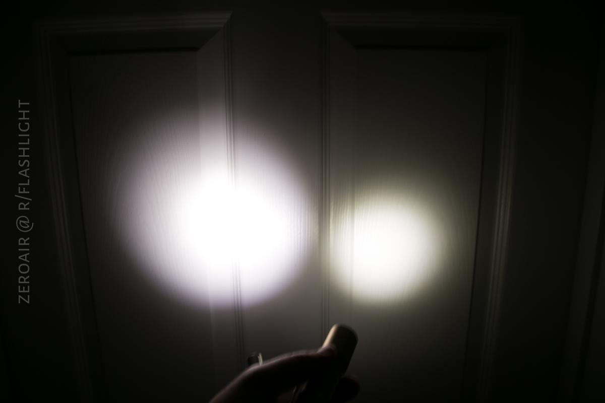 Okluma DC1 Brass Flashlight beamshots on door compared to nichia 219b