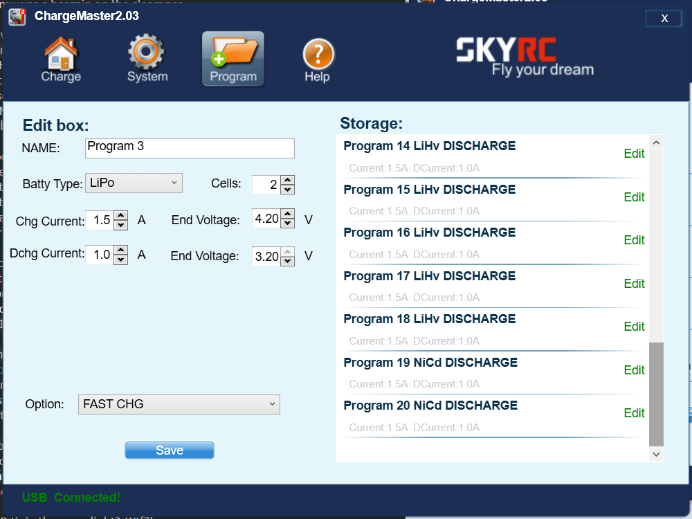 A screenshot of the ChargeMaster2.03 software interface shows settings for a LiPo battery charging program, including cells, voltage, and current. The right panel lists stored charge and discharge programs with edit options.