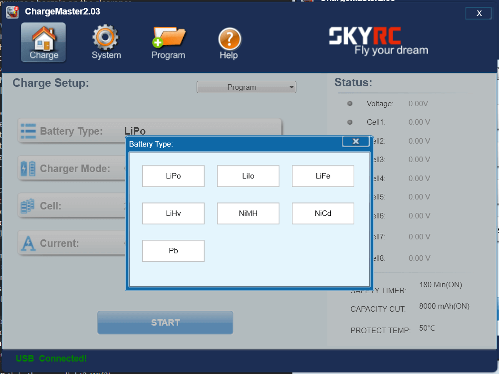 Screenshot of the SKYRC ChargeMaster2.03 software. A pop-up window displays battery type options: LiPo, LiIo, LiFe, LiHV, NiMH, NiCd, and Pb. The main interface shows charge setup and status details.