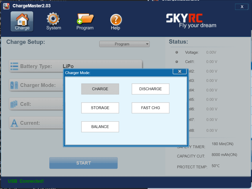 A software interface for SKYRC battery management is displayed. A pop-up window shows charger mode options: Charge, Discharge, Storage, Fast CHG, and Balance. Main menu tabs and battery details are visible in the background.