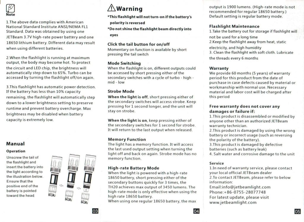 A manual page for a JETBeam flashlight displays safety warnings, operational instructions, warranty and service information, technical specifications, and a strobe mode description in black text on a white background.