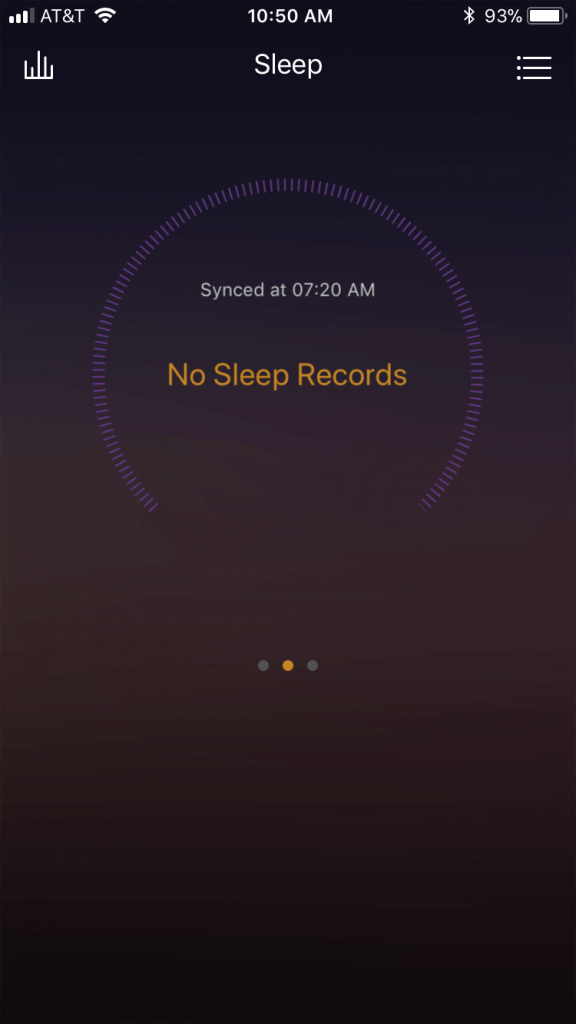 A smartphone screen displays a sleep tracking app with the message No Sleep Records. It shows “Synced at 07:20 AM” at the top, with the phones time as 10:50 AM and battery at 93%.