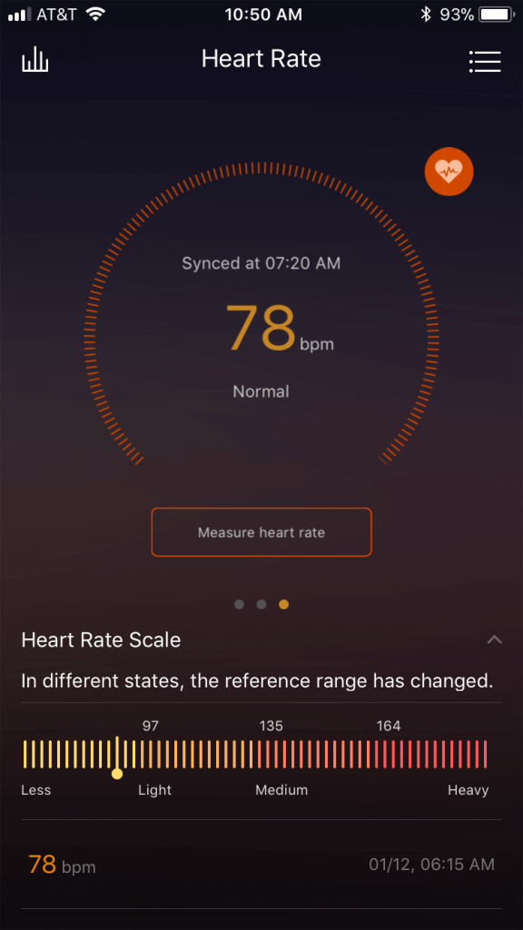 A smartphone screen displays a heart rate tracking app showing a heart rate of 78 bpm, marked as Normal. The app includes a heart rate scale and indicates that the data was synced at 7:20 AM.