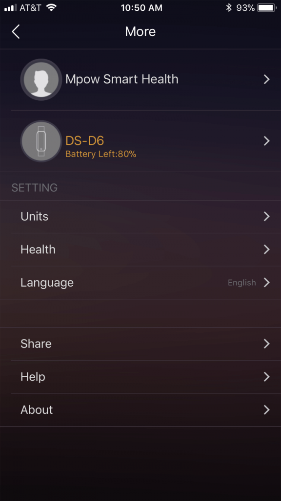 A smartphone screen shows the More settings menu of a health app. It lists an Mpow Smart Health device, DS-D6 with 80% battery left, and menu options for units, health, language, share, help, and about.