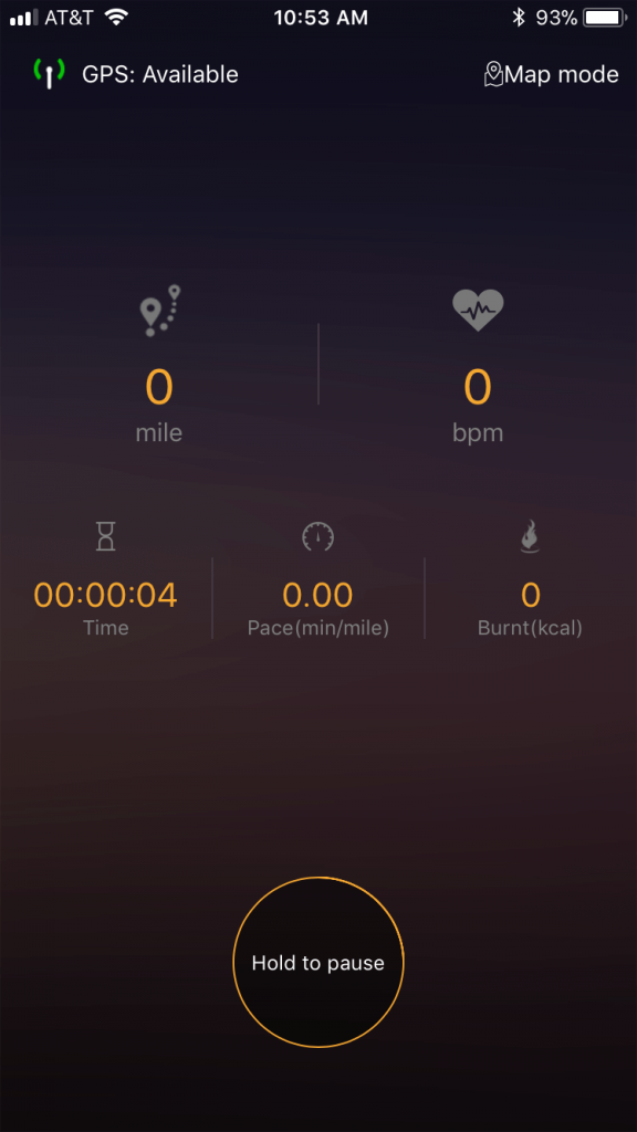 A fitness tracking app screen shows zero miles, zero bpm, zero burned calories, a time of four seconds, and a pace of zero minutes per mile. GPS is available, battery is at 93%, and it is 10:53 AM.
