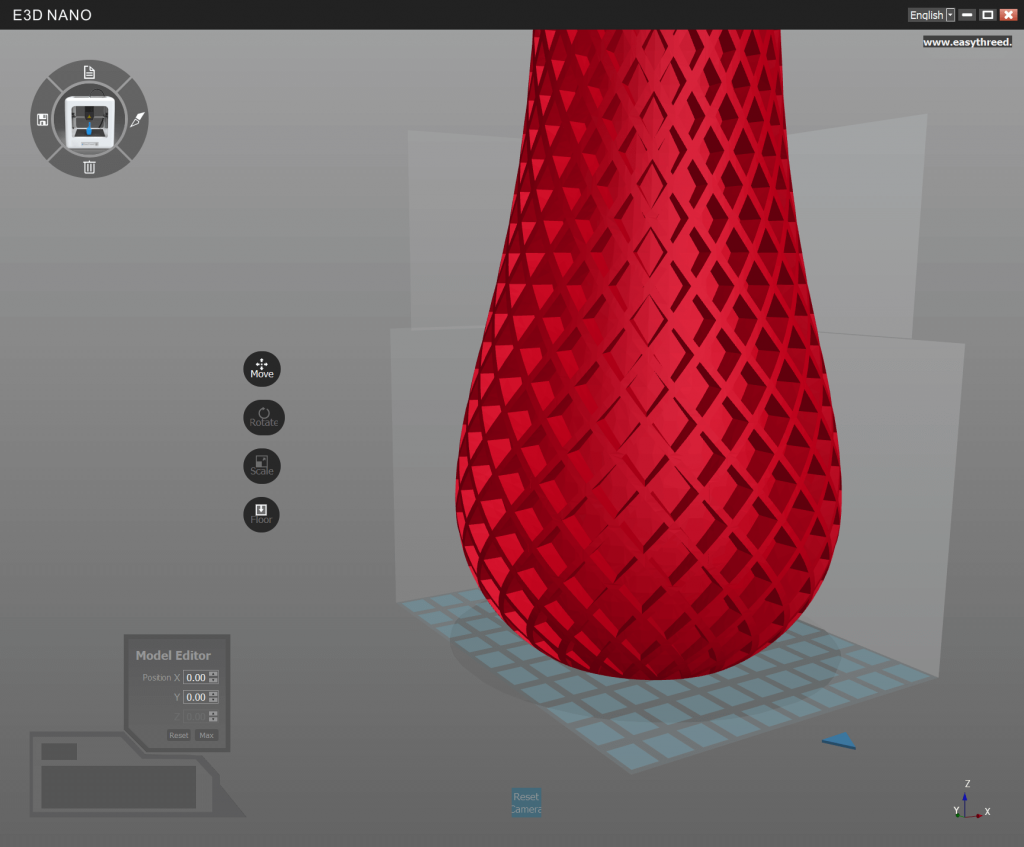 Screenshot of 3D modeling software displaying a red, lattice-patterned vase on a virtual build plate; interface elements and model editor settings are visible on the left and bottom of the screen.