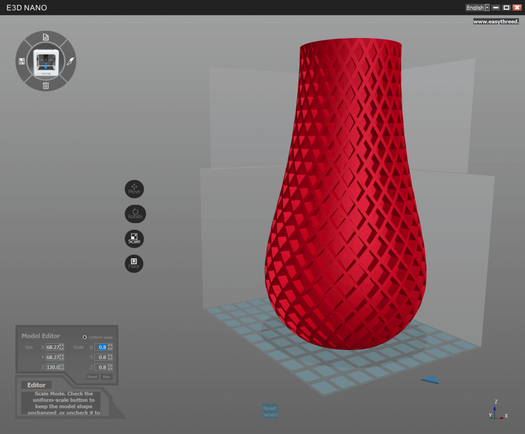 A 3D modeling software window displays a red, lattice-patterned vase on a virtual build plate, with editing options and measurements visible on the left sidebar and a gray background.