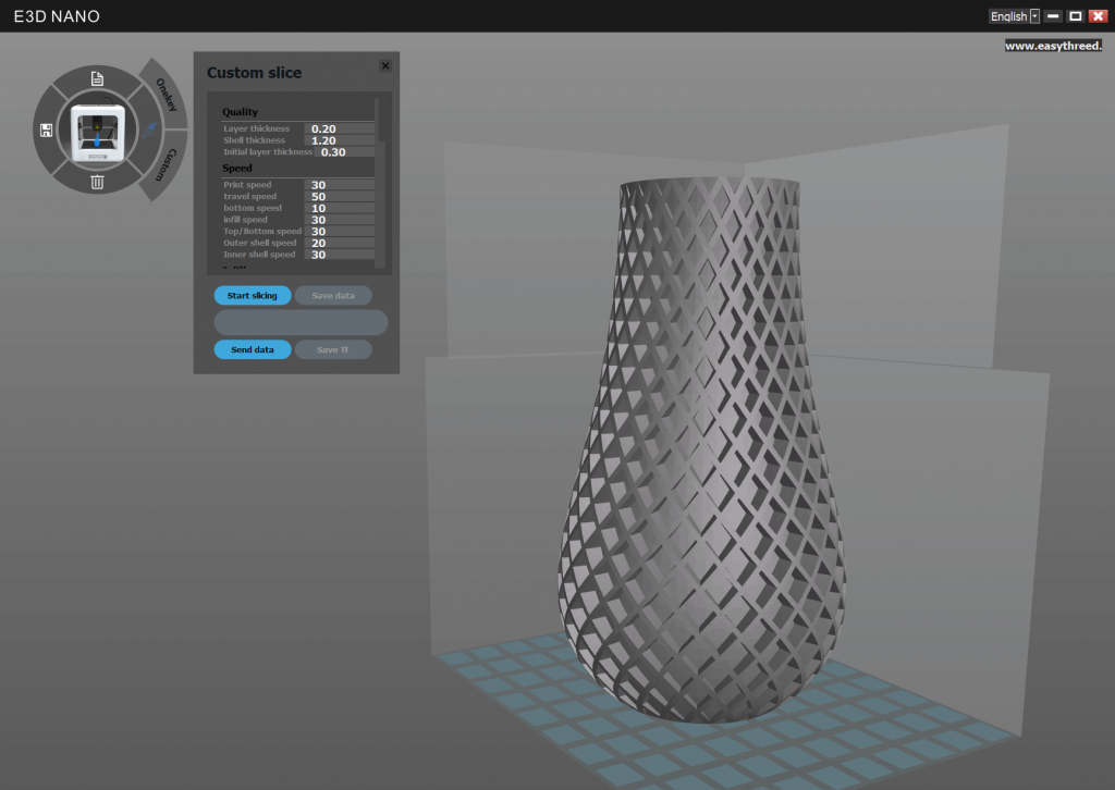 A 3D printing software interface displays a tall, lattice-patterned vase model on the build plate with custom slicing settings for quality and speed visible in a control panel on the left side of the screen.