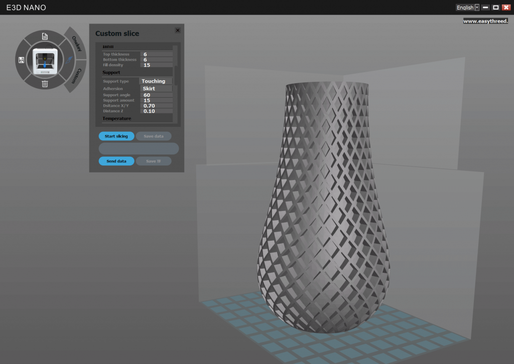 A computer screen displays 3D printing software with a lattice-patterned vase model. Settings for layer thickness, wall, and support are shown in a window on the left. The vase sits on a virtual build plate.