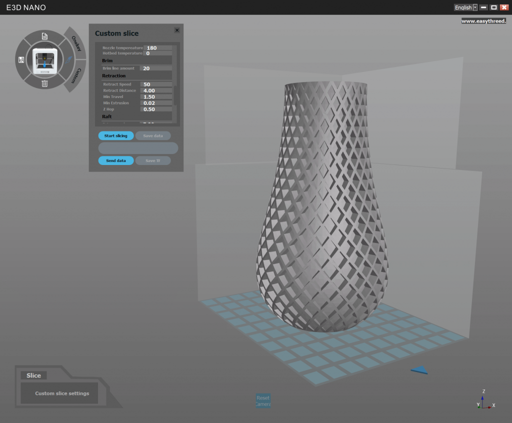 A 3D modeling software interface displays a lattice-patterned vase model on a build plate, with a “Custom slice” settings window open, showing parameters like nozzle temperature, bed temperature, and retraction.