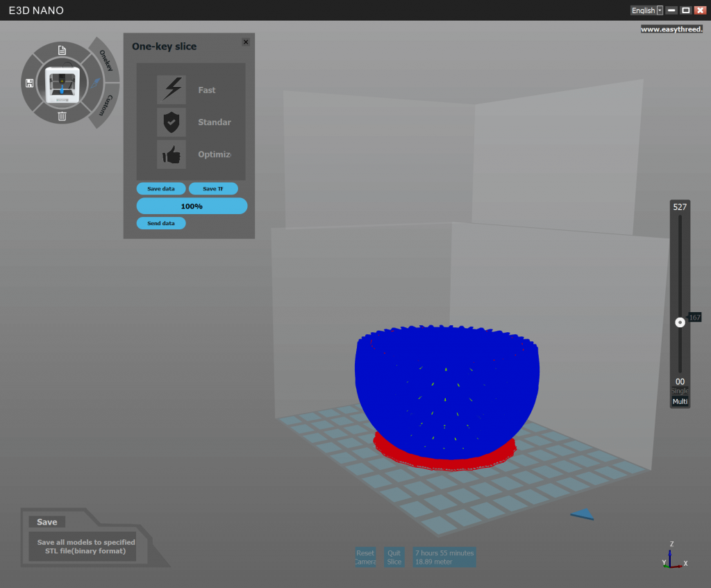 A 3D printer software interface displays a half-sphere model in blue with a red base on the virtual build plate. Slicing options, print settings, and a progress bar are visible on the left and right sides of the screen.