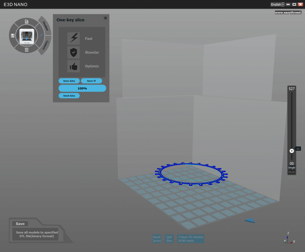 Screenshot of the E3D NANO 3D printer software showing a circular 3D model with protrusions on a virtual print bed. The interface displays slicing options and controls on the left side of the screen.