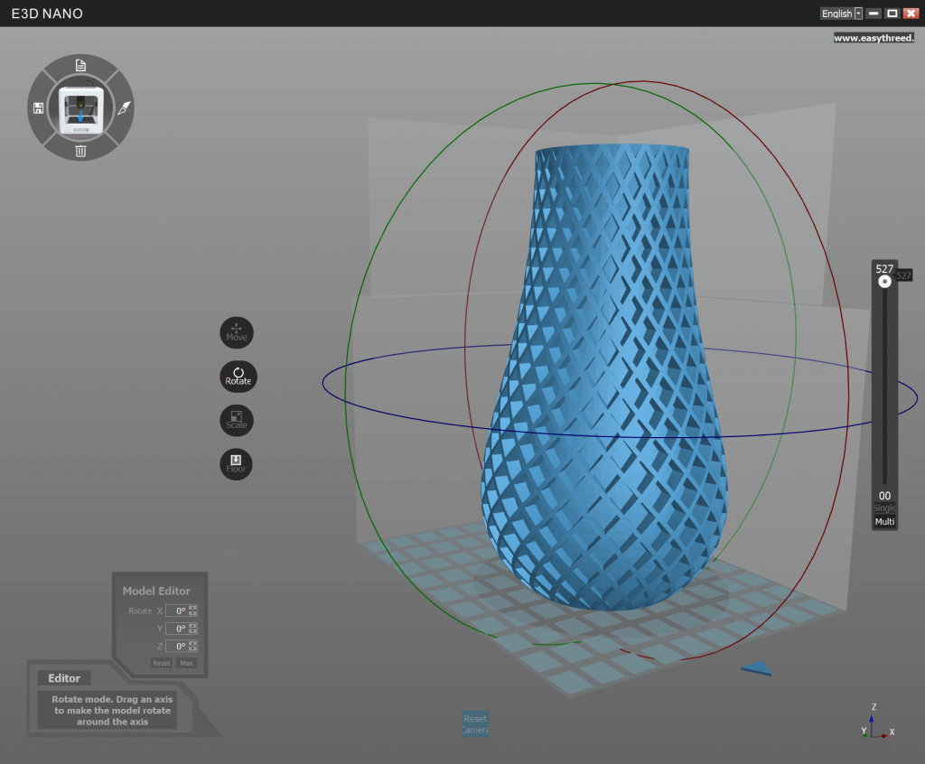 A 3D modeling software interface displays a blue, vase-shaped object with a lattice pattern. Several editing icons and toolbars surround the model, which is positioned inside three colored rotation axes.