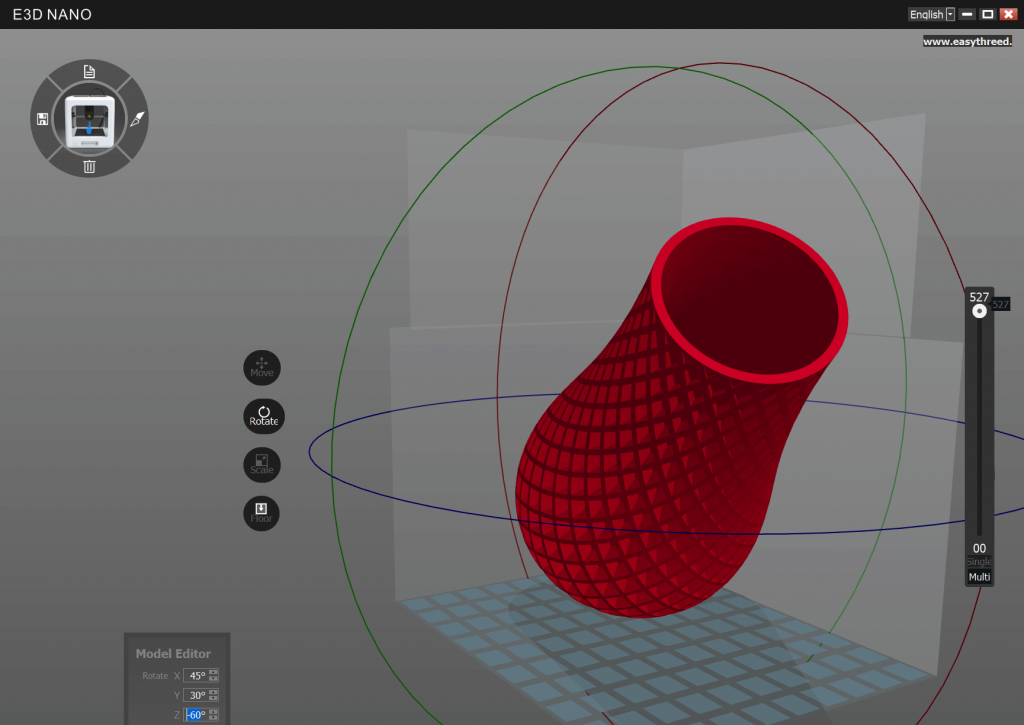 Screenshot of 3D modeling software displaying a red, vase-like object with a mesh pattern on a virtual grid. Circular guides and editing tools are shown around the model. Model Editor settings are visible in the lower left.