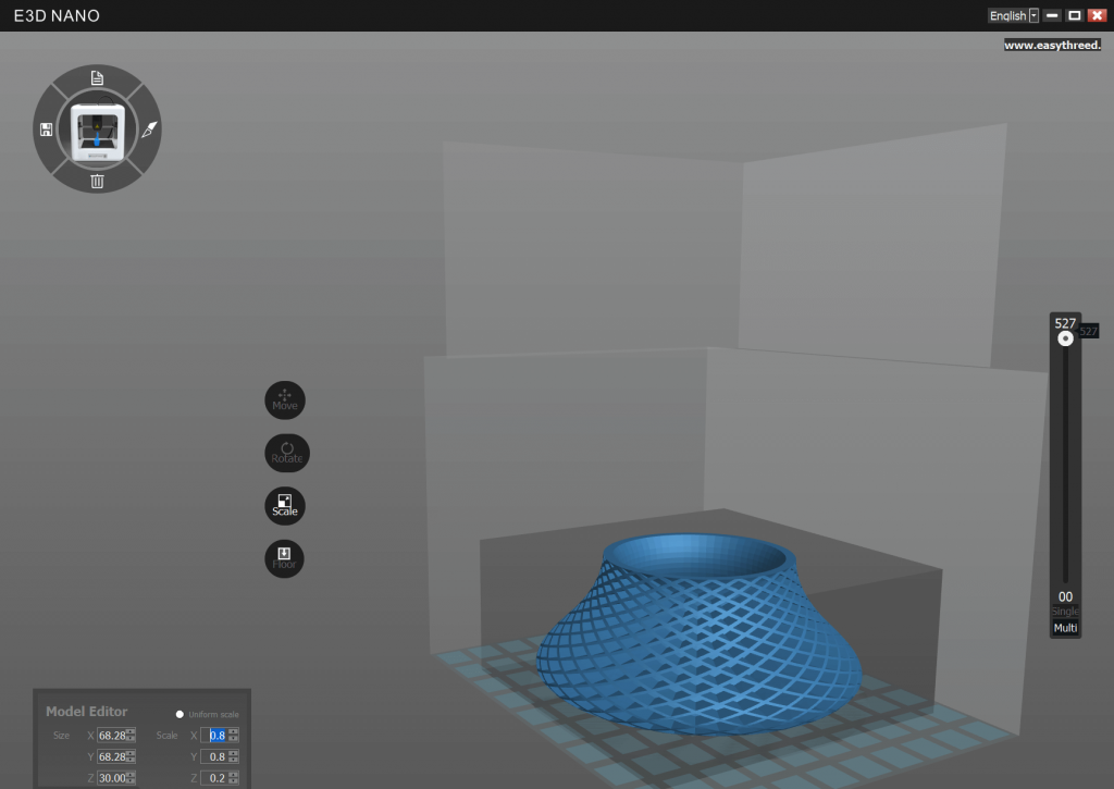 A 3D modeling software interface displays a blue, lattice-patterned cylindrical object on a virtual build plate, with control menus and settings on the left and measurement indicators on the right.