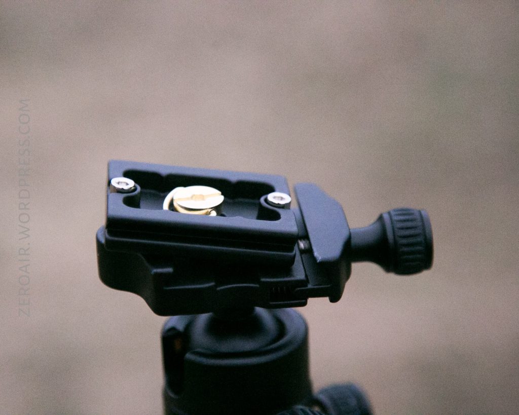 A close-up view of a black camera tripod quick-release plate with a gold screw and a tightening knob, mounted on a tripod head, against a blurred outdoor background.