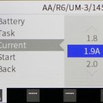 A digital screen displays a menu with options: Battery, Task, Current, Start, and Back. Current is selected, showing a value of 1.9A highlighted in blue, with 1.8 and 2.0 as other options.