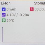 A digital display shows Li-Ion battery status: 0mAh, 00:00:02 elapsed time, 4.19V / -0.20A, and 29°C. Icons and colored bars appear on the left. The word Storaging is at the top.
