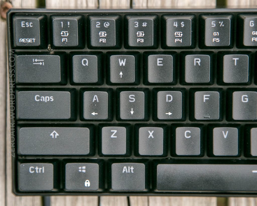 A close-up image of the left side of a black computer keyboard, showing the Escape, number, QWERT, Caps, and Control keys. The background consists of wooden planks.