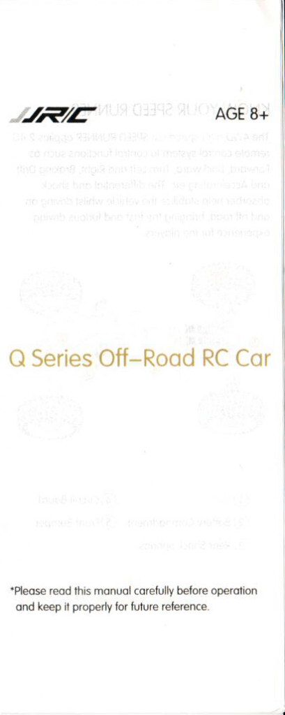 Front cover of a manual for the JJRC Q Series Off-Road RC Car, indicating it is suitable for ages 8 and up, with a note to read and keep the manual for future reference.