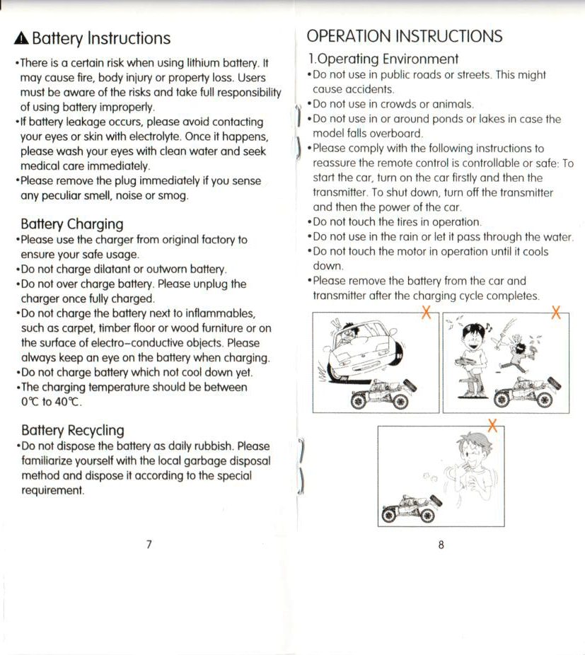 Two manual pages provide battery and operation instructions for a toy, including battery charging steps, safety warnings, and operational guidelines, accompanied by small black-and-white illustrations of children and adults playing.