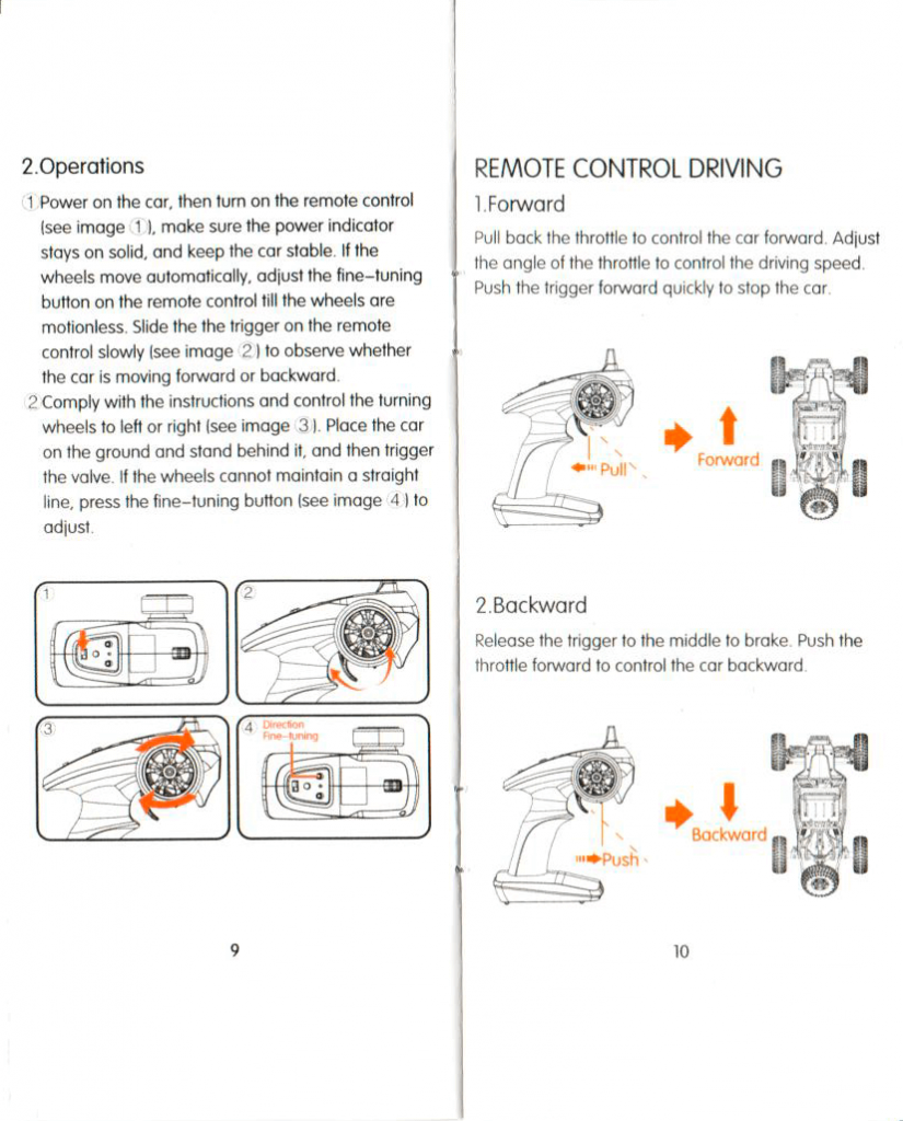 Open instruction manual pages showing directions for operating a remote control car. Page 9 explains power and wheel alignment; page 10 gives instructions on using the remote for forward and backward driving. Illustrations are included.
