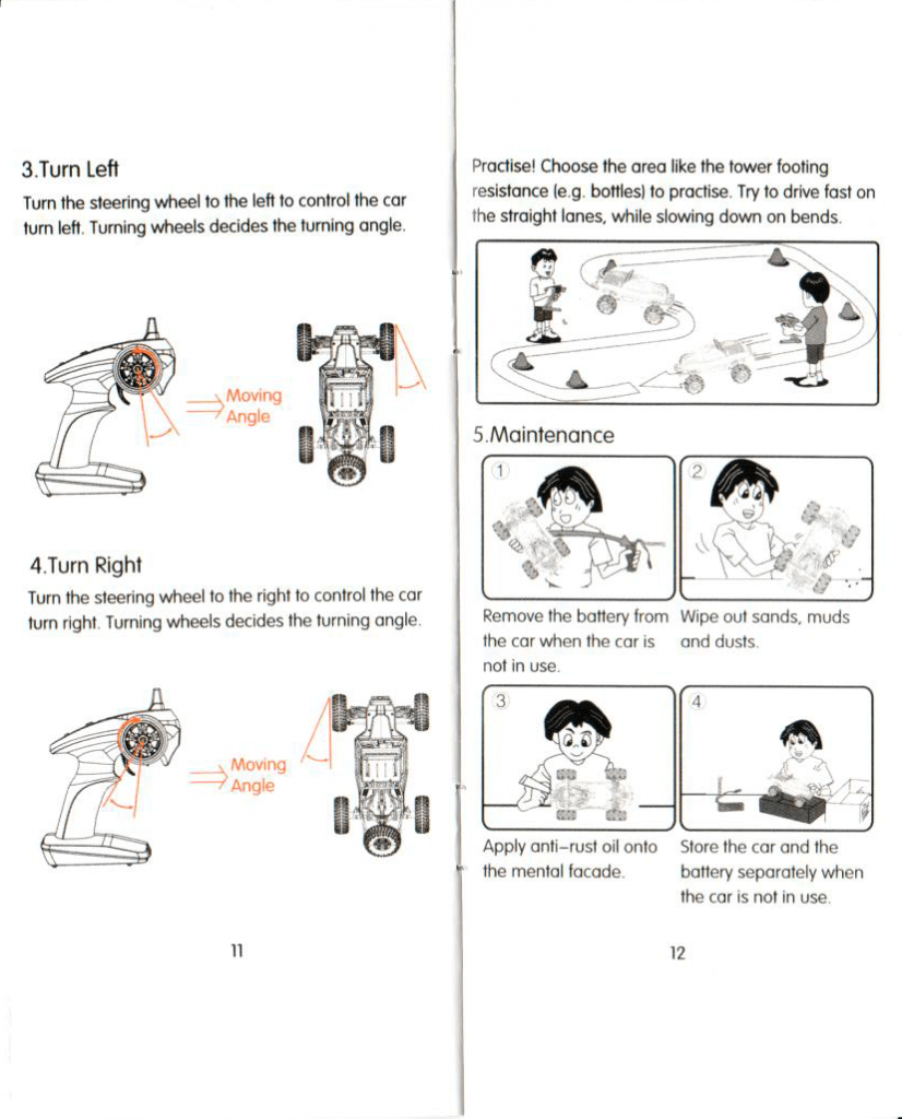 Two instruction manual pages for a remote-control car. The left page explains how turning the remote steers the car left or right, with diagrams. The right page gives practice and maintenance tips, using illustrations and step-by-step text.