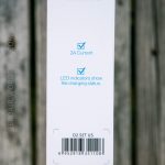 The side of an XTAR product box showing features: 2A Current and LED indicators show the charging status. A barcode and Made in China are visible at the bottom.