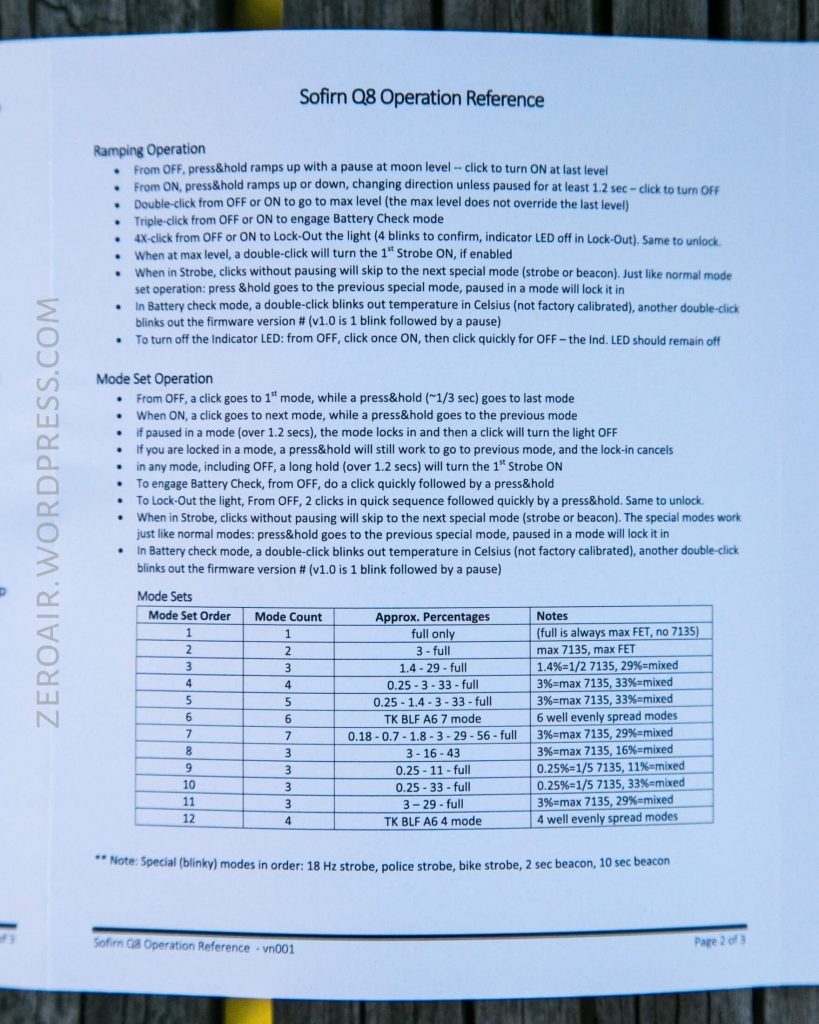 A printed manual page titled Sofirn Q8 Operation Reference displays instructions, mode sets, and a table outlining available strobe and ramping options for the Sofirn Q8 flashlight.