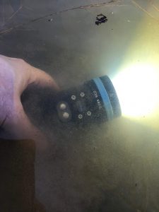 A hand is holding a flashlight underwater. The flashlight is switched on and shining brightly, illuminating the water around it. Some particles and sediment are visible in the water.