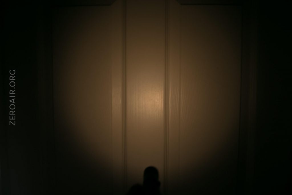 A flashlight beam shines on a closed, paneled door in a dark room. The light creates a circular illuminated spot in the center of the door, with the surrounding area mostly in shadow.