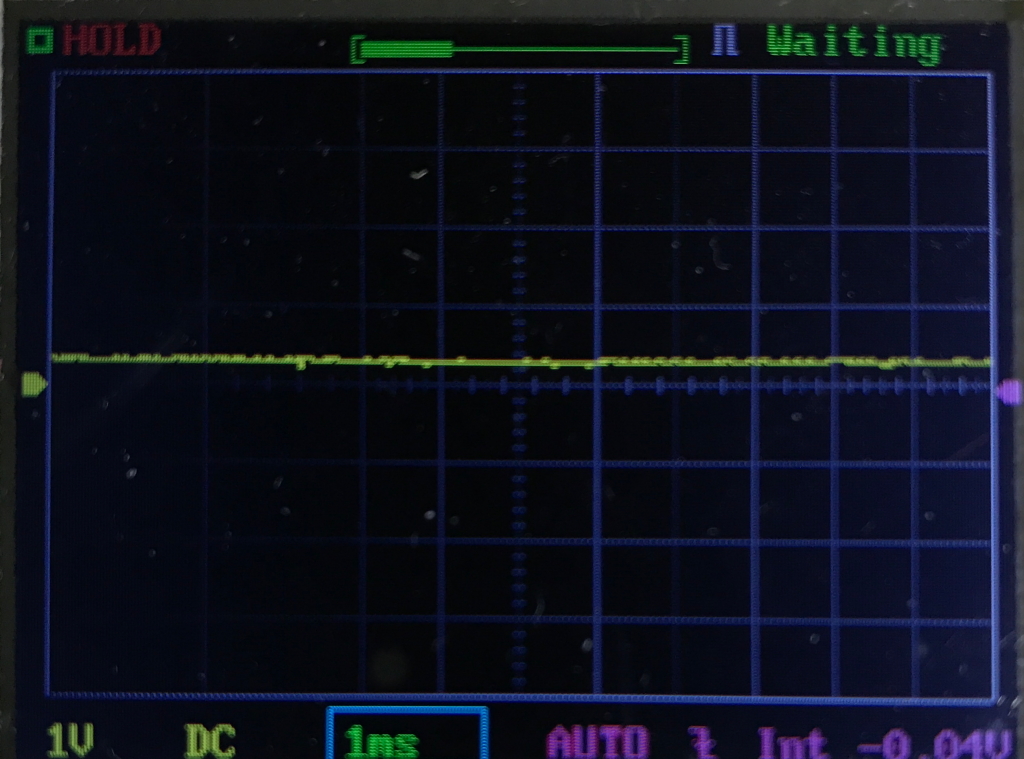 Oscilloscope screen displaying a mostly flat yellow signal line with minimal fluctuation, indicating little to no input signal. The screen shows “HOLD” in red and status as “Waiting.” Time base is set to 1ms per division.