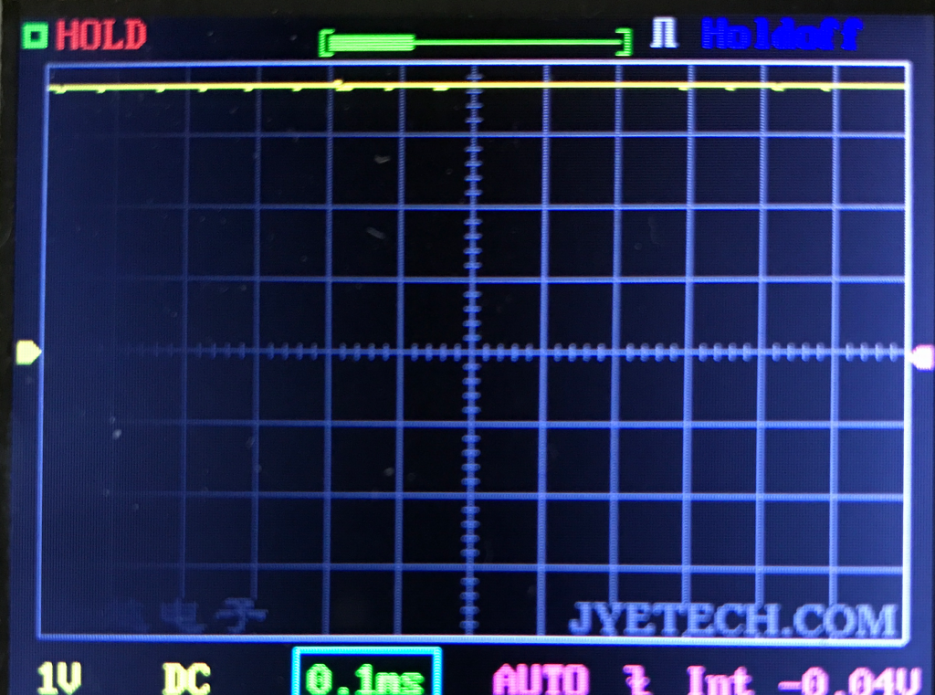 A digital oscilloscope screen displays a blank graph grid, with “HOLD” highlighted in red at the top left, “Holdoff” in blue at the top right, and “JYETECH.COM” visible at the bottom right.