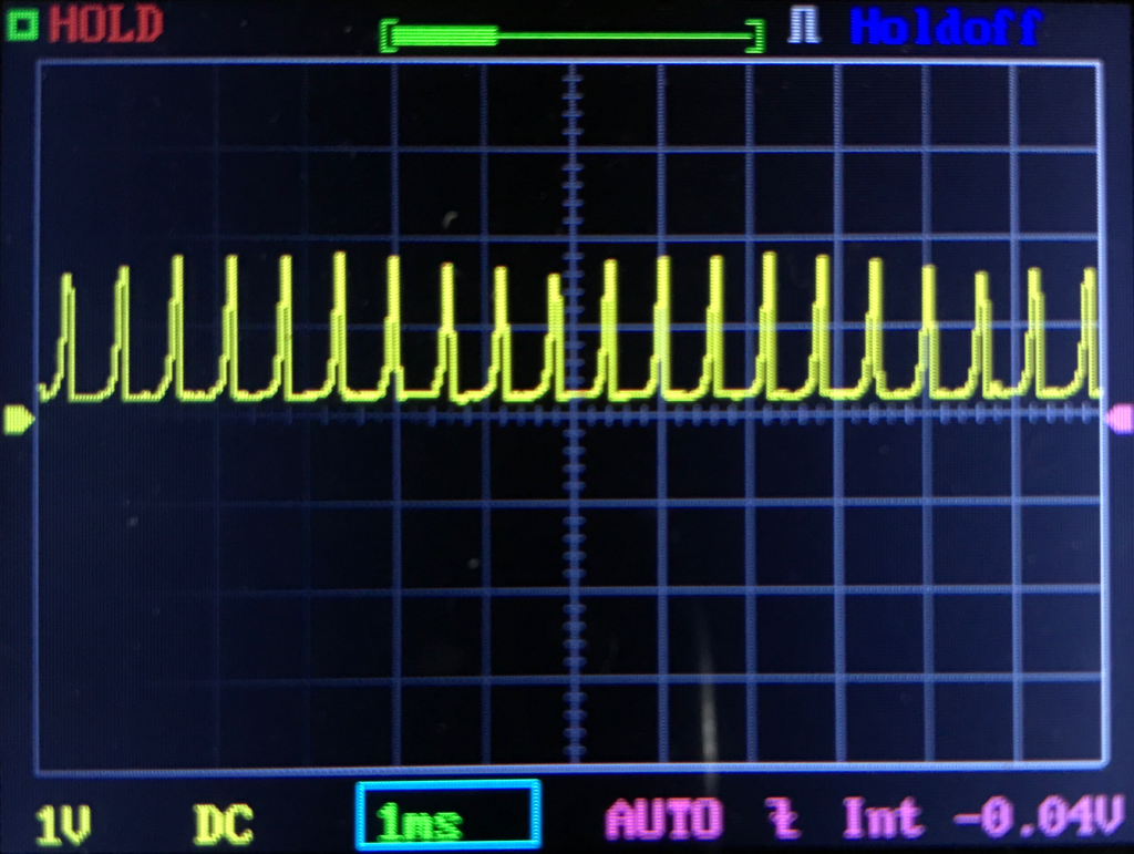A digital oscilloscope screen displays a repeating square wave signal in yellow, with voltage at 1V per division and time at 1ms per division. The display shows HOLD and Holdoff status indicators.