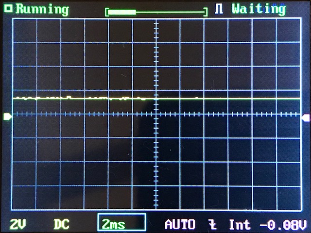 Oscilloscope screen showing a mostly flat waveform near the zero axis, with settings displaying 2V per division, 2ms time base, and other indicators such as Running and Waiting status at the top.