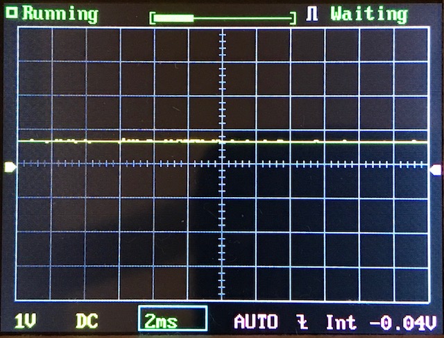 An oscilloscope screen displays a mostly flat horizontal yellow line with minimal signal activity. Indicators show Running and Waiting, with settings at 1V DC, 2ms, and an offset of -0.04V.