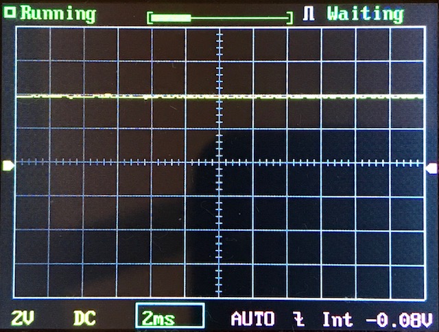 A digital oscilloscope screen displays a flat yellow line signal at zero volts with settings showing 2V/div, 2ms/div, DC coupling, and AUTO trigger mode. The status shows Running and Waiting.