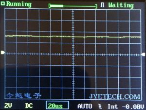 An oscilloscope screen shows a mostly flat yellow waveform with minor fluctuations. The display reads Running and Waiting. Settings at the bottom indicate 2V, DC, 20µs, AUTO, and -0.08V.