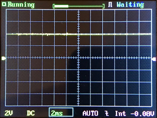 A digital oscilloscope screen displays a mostly flat yellow waveform near zero volts, grid lines, and settings like 2V, 2ms, AUTO mode, and -0.08V offset. The status reads Running and Waiting.