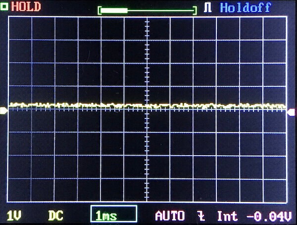 Oscilloscope screen displaying a mostly flat, slightly noisy yellow waveform along the zero voltage line. Horizontal axis is time (1ms per division), vertical axis is voltage (1V per division). Various settings are shown.