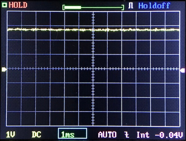 Oscilloscope screen displaying a mostly flat yellow waveform with minor variations. The horizontal scale is set to 1ms per division, and the vertical scale is 1V per division. Status indicators and menus are visible.