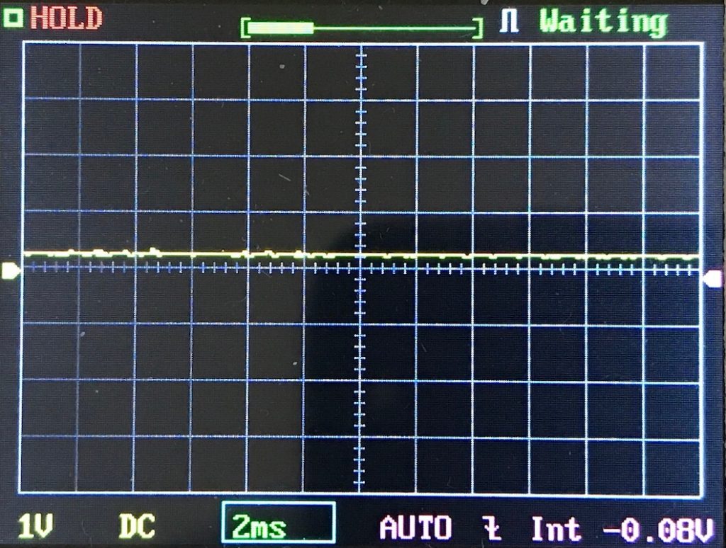 A digital oscilloscope screen displays a mostly flat yellow waveform near zero, with settings including 1V/div, 2ms/div, DC coupling, AUTO trigger, and the status showing HOLD and Waiting.