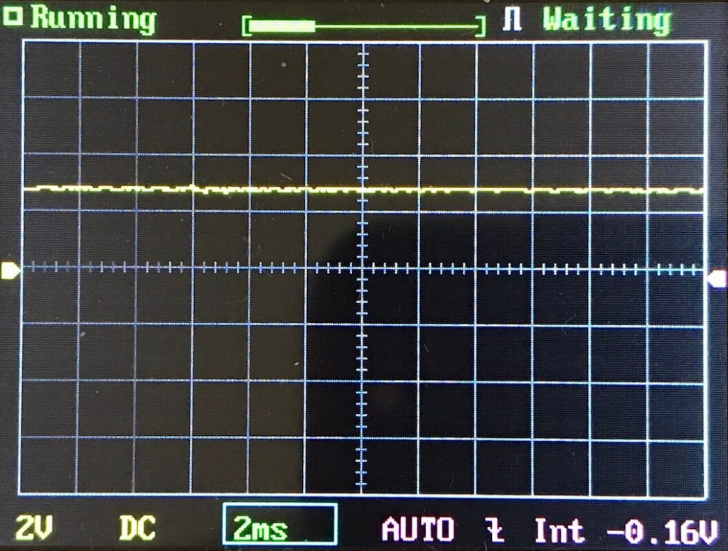 An oscilloscope screen displays a mostly flat yellow waveform along the horizontal axis, with Running and Waiting indicators at the top and various settings shown at the bottom, including 2V, DC, 2ms, and -0.16V.