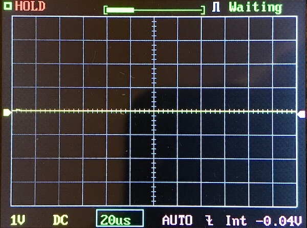 A digital oscilloscope screen displays a flat horizontal line at zero, with gridlines, and indicators showing HOLD, Waiting, 1V DC, 20us, AUTO trigger, and a measured value of -0.04V.